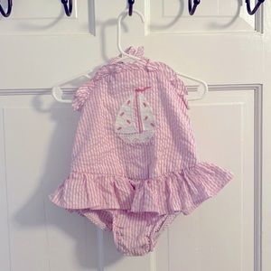Seersucker 2T bathing suit with appliqué and ruffle